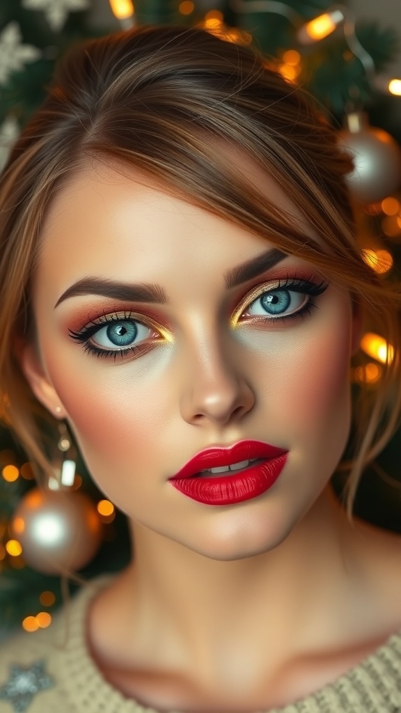 Close-up of a glamorous Christmas makeup look for blue eyes with gold eye shadow, navy eyeliner, peach blush, and red lipstick.